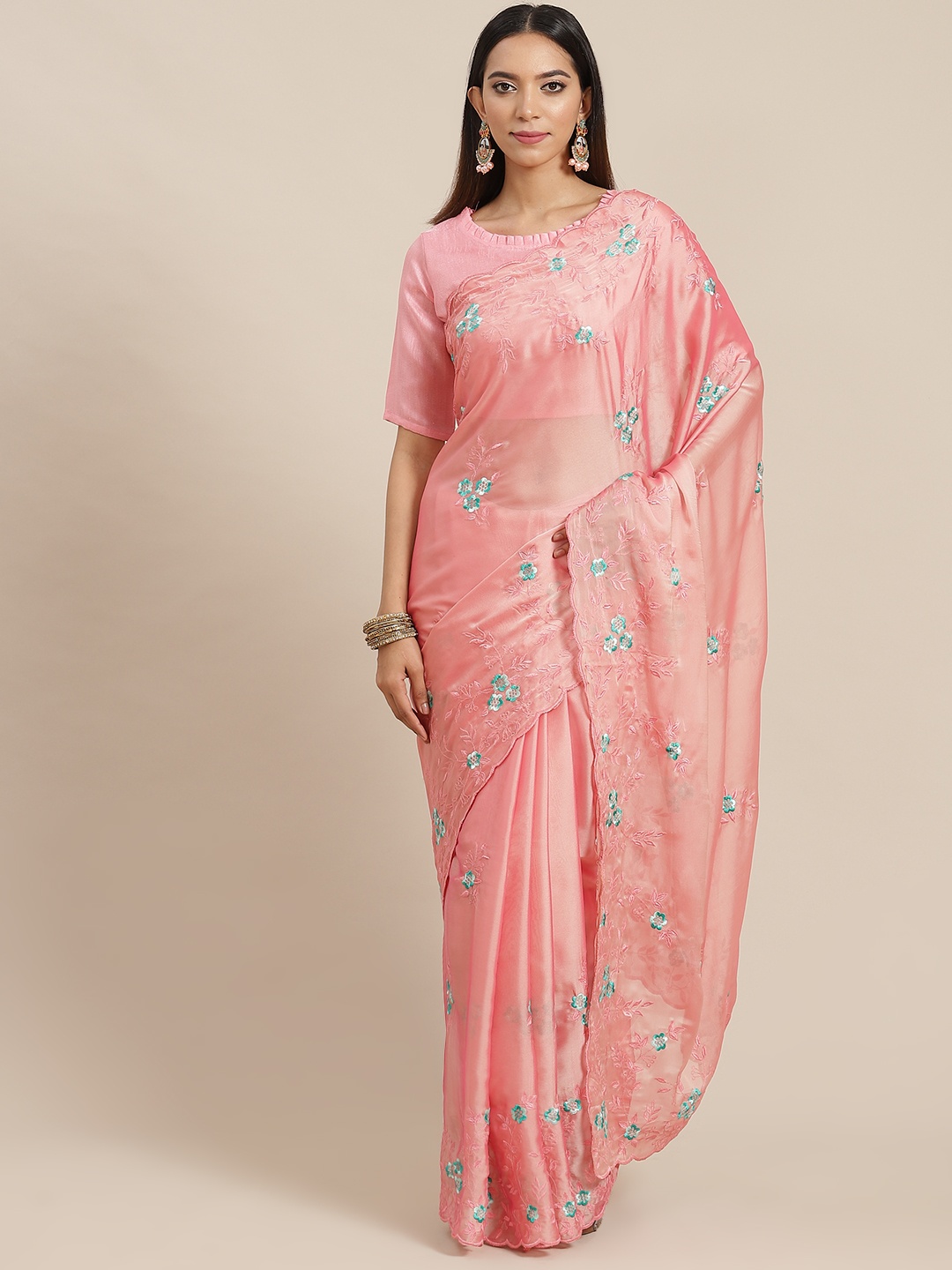 

RAJGRANTH Pink Floral Embroidered Georgette Saree