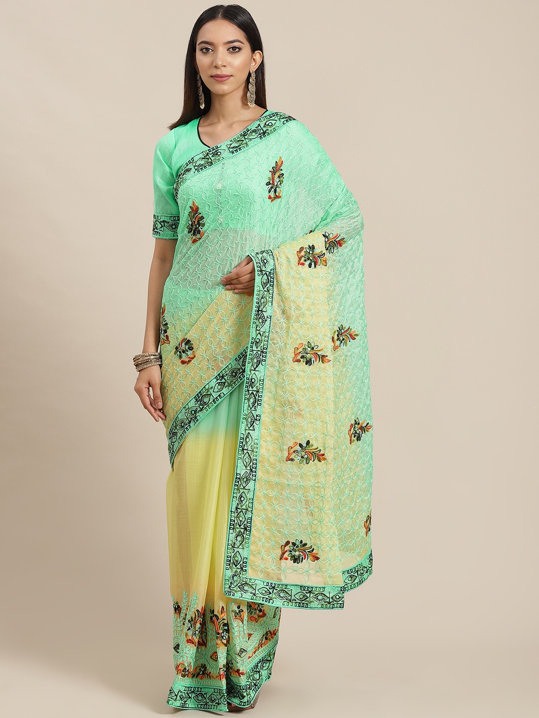 

RAJGRANTH Lime Green & Yellow Floral Embroidered Chiffon Saree