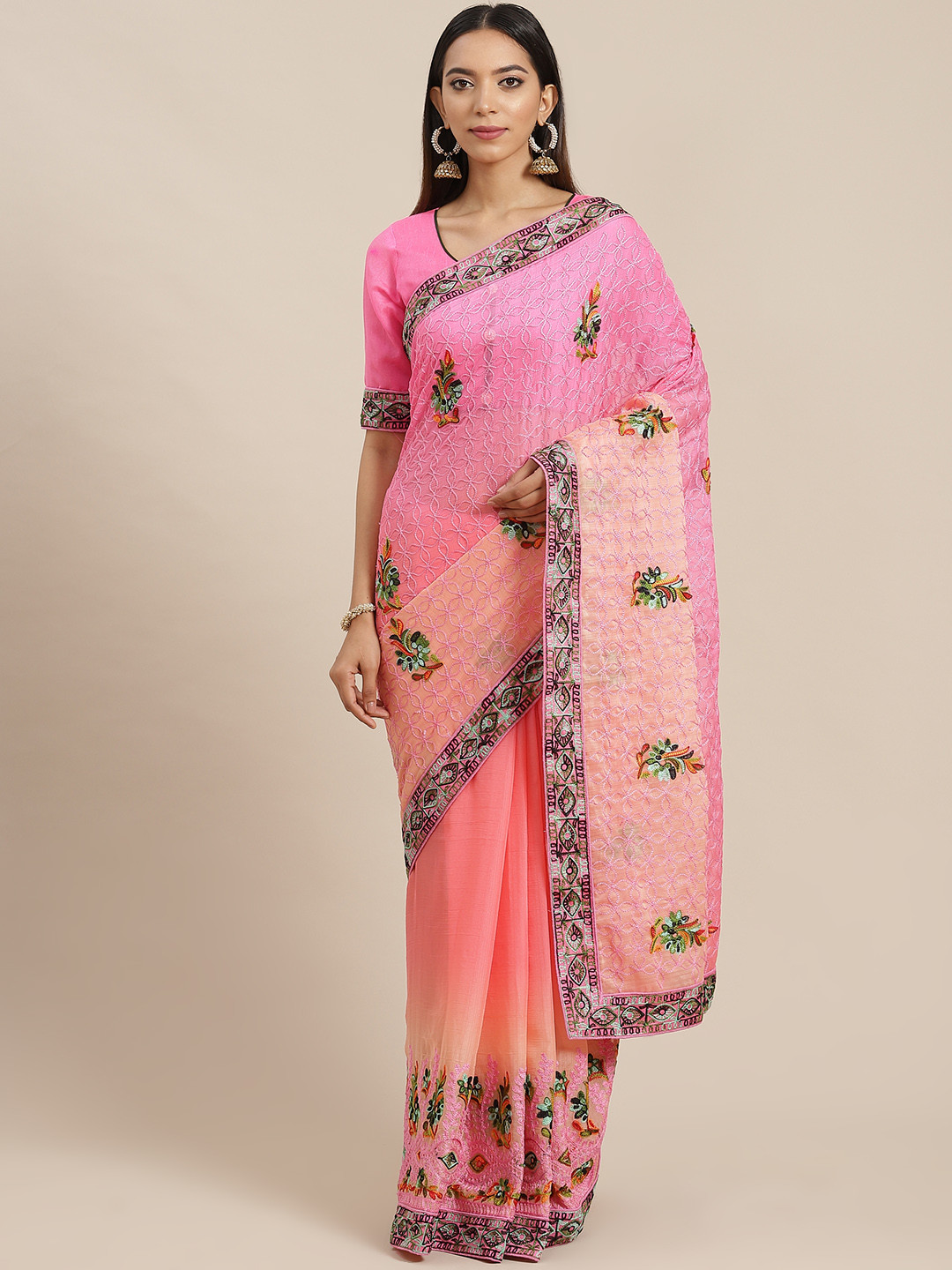 

RAJGRANTH Pink Floral Embroidered Chiffon Saree