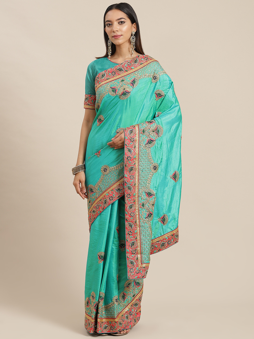 

RAJGRANTH Green Ethnic Motifs Ready to Wear Saree