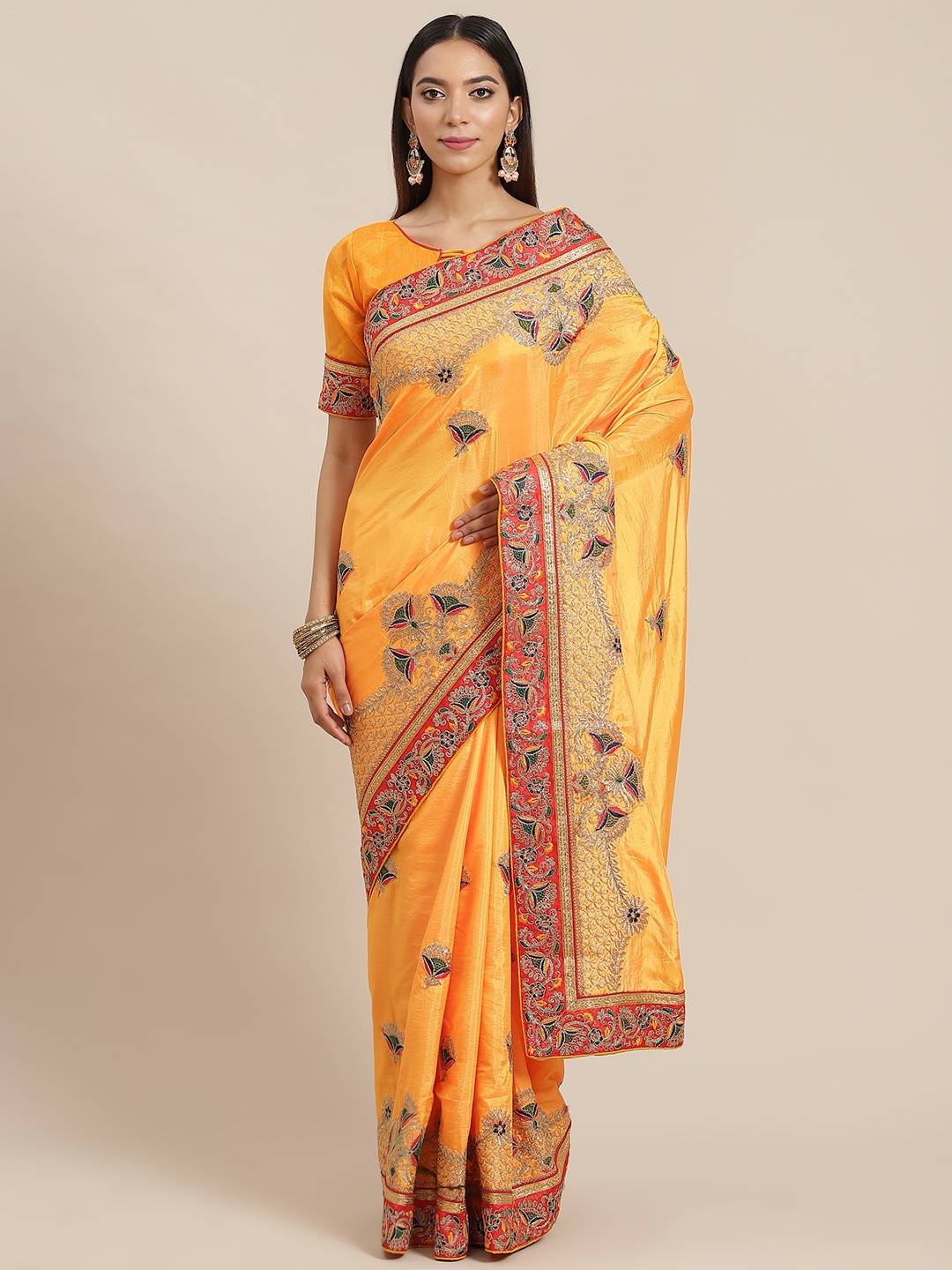 

RAJGRANTH Yellow Ethnic Motifs Ready to Wear Saree