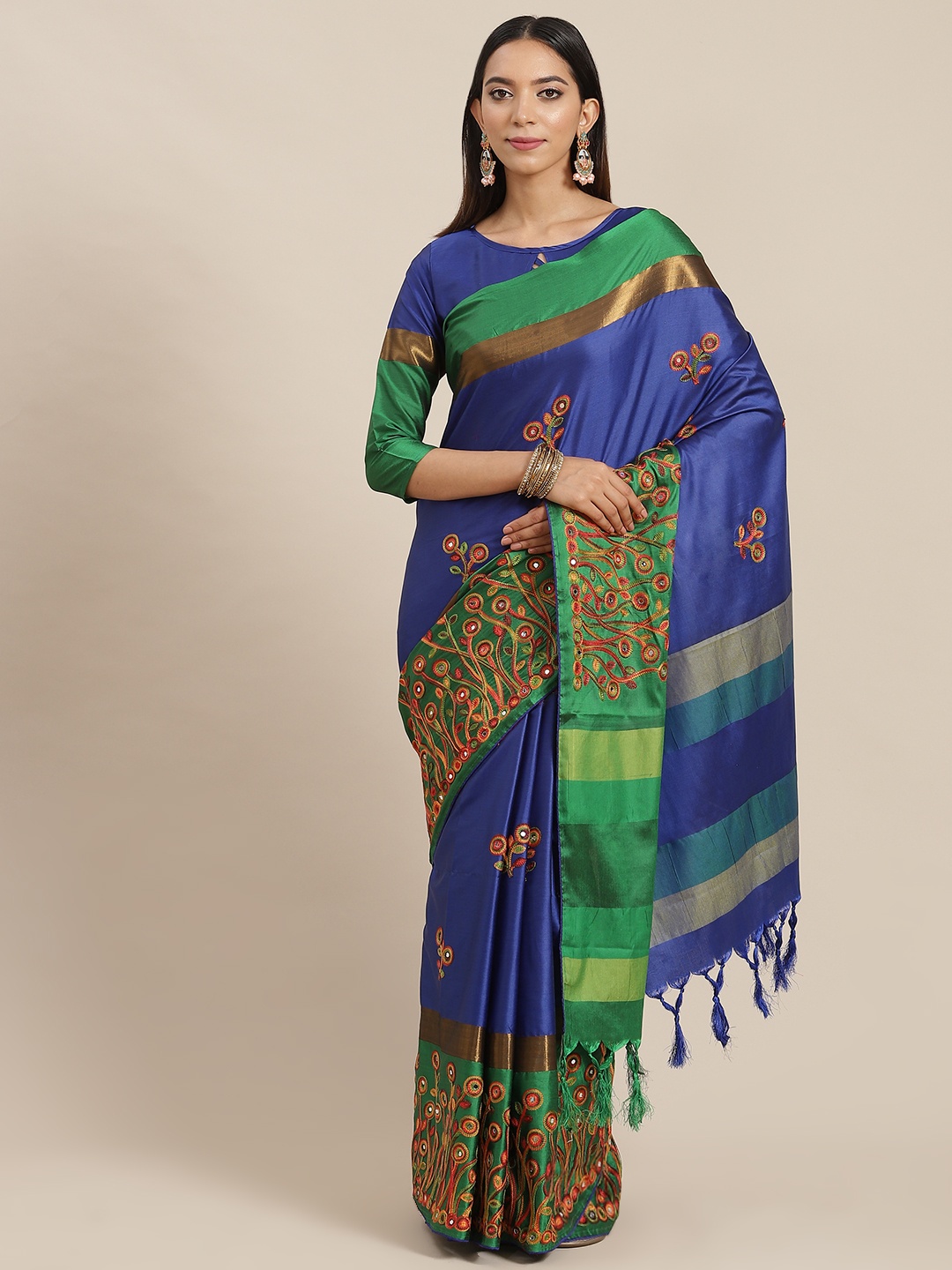 

RAJGRANTH Navy Blue & Grey Ethnic Motifs Silk Cotton Ready to Wear Saree