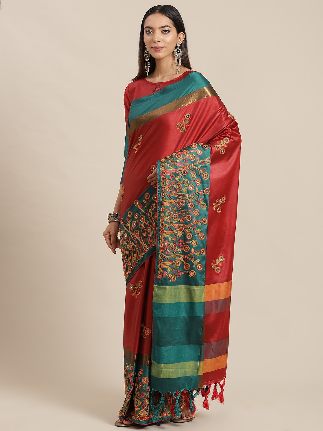 

RAJGRANTH Red & Blue Ethnic Motifs Silk Cotton Saree