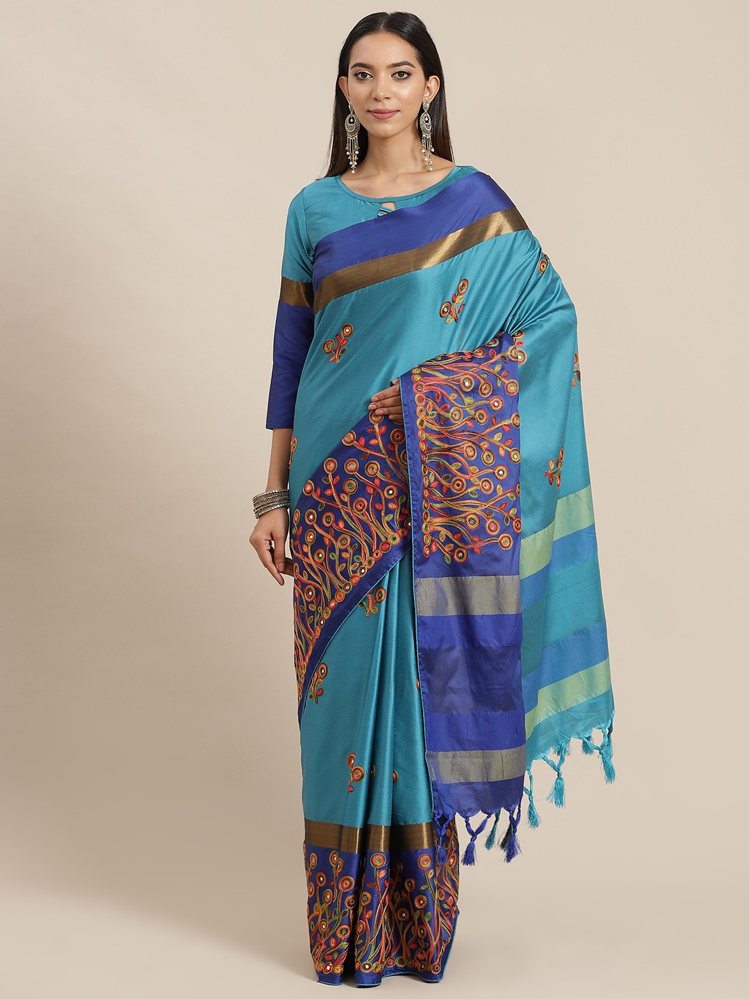 

RAJGRANTH Blue Ethnic Motifs Silk Cotton Ready to Wear Saree