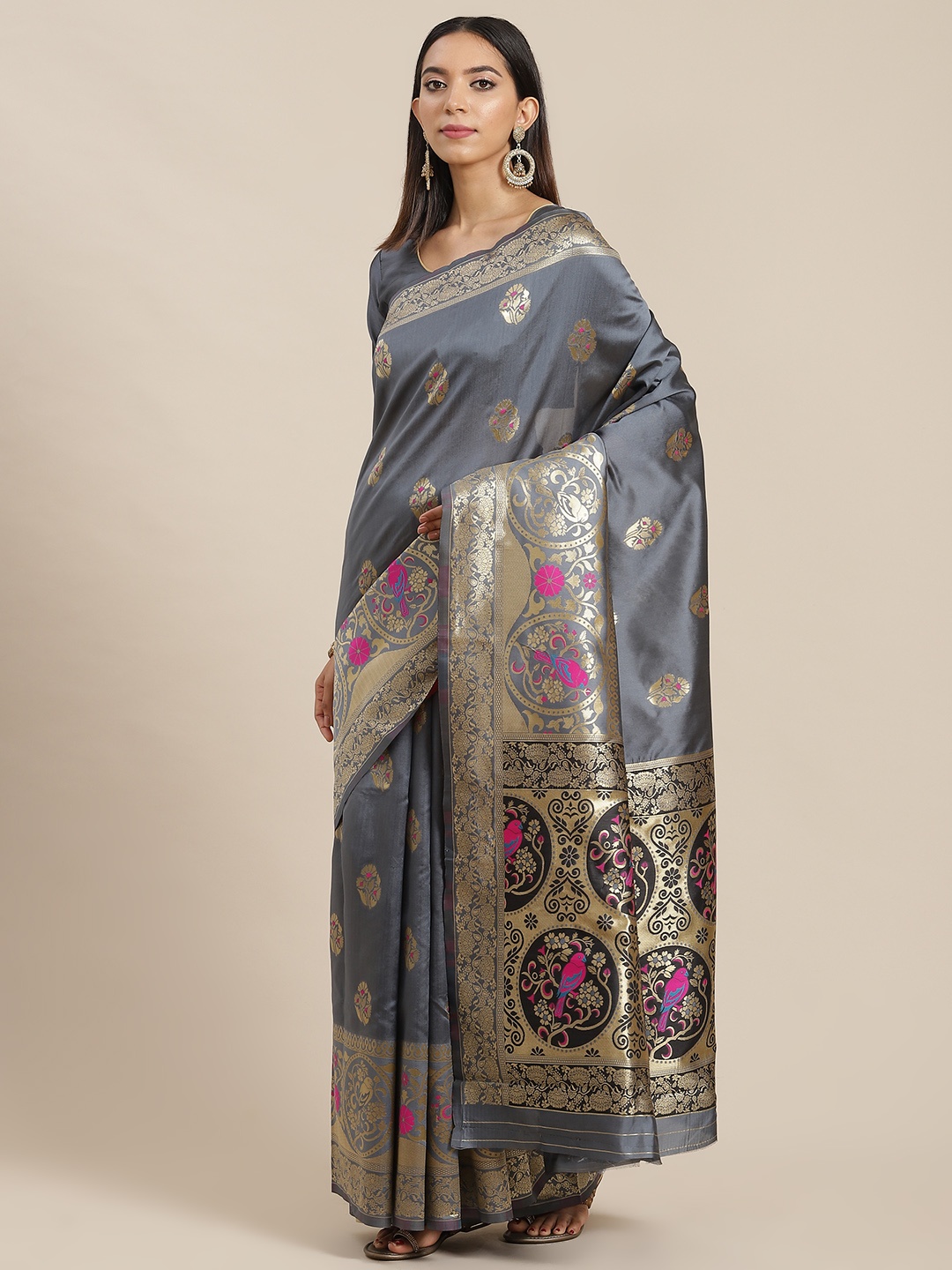 

RAJGRANTH Grey Ethnic Motifs Silk Cotton Banarasi Saree