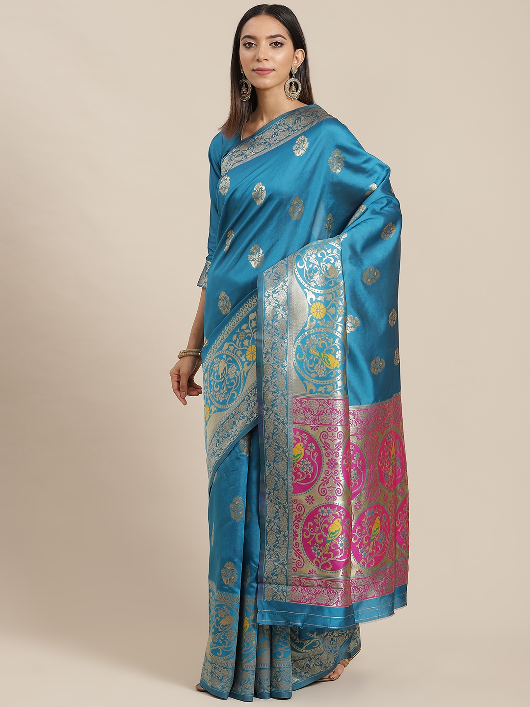 

RAJGRANTH Blue Ethnic Motifs Silk Cotton Banarasi Saree