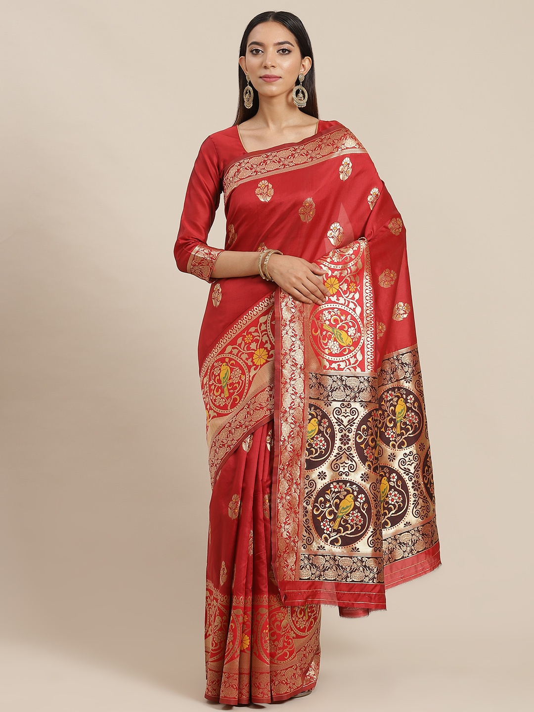 

RAJGRANTH Red Ethnic Motifs Silk Cotton Banarasi Saree