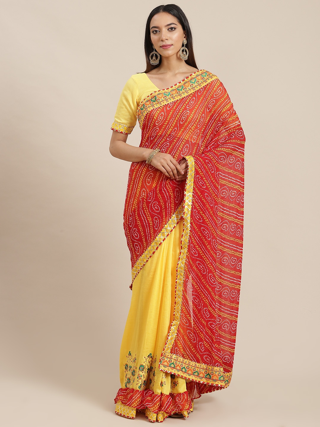 

RAJGRANTH Red & Yellow Bandhani Ready to Wear Bandhani Saree
