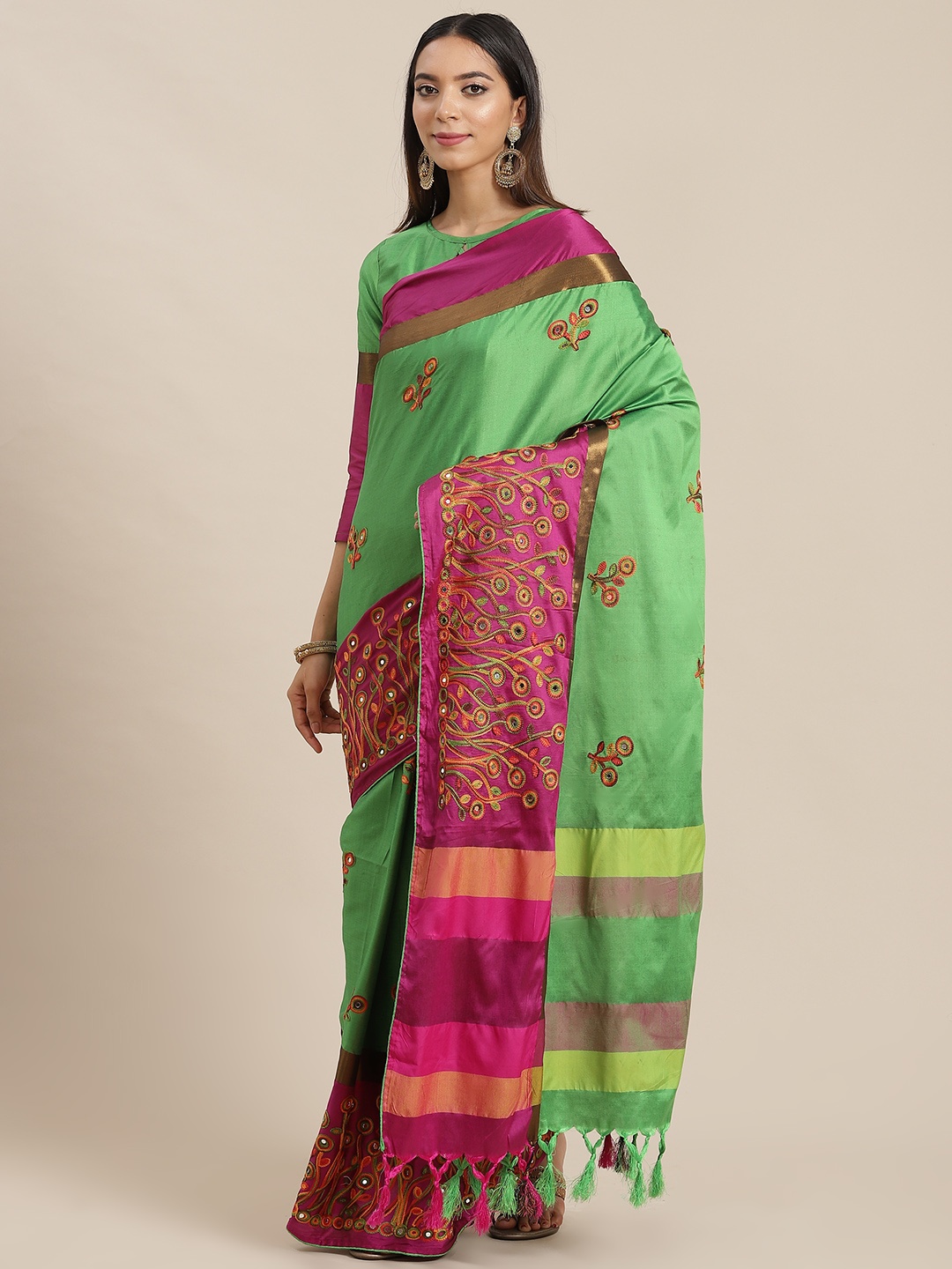 

RAJGRANTH Green & Purple Ethnic Motifs Silk Cotton Ready to Wear Saree