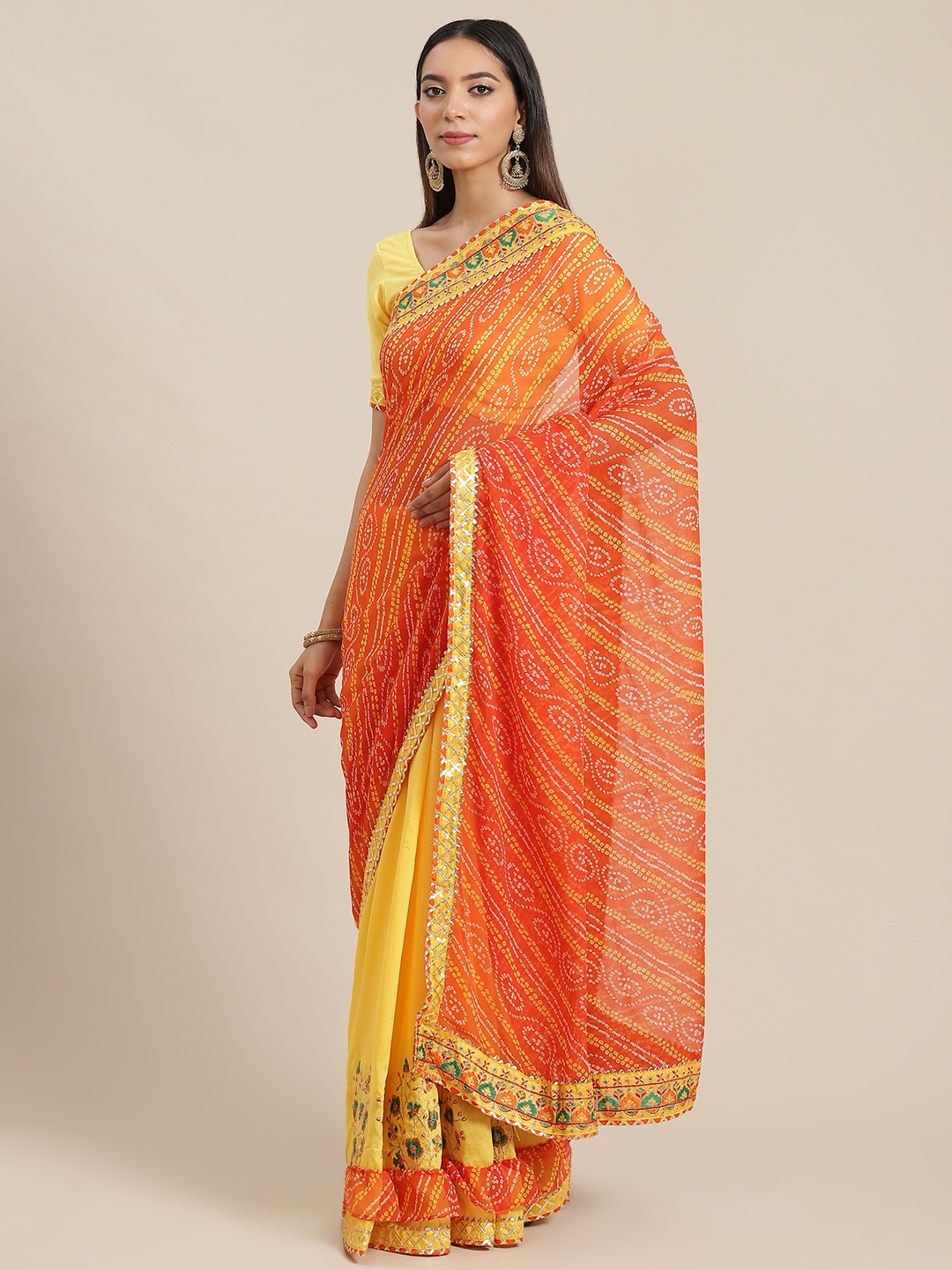 

RAJGRANTH Orange & Yellow Bandhani Ready to Wear Bandhani Saree