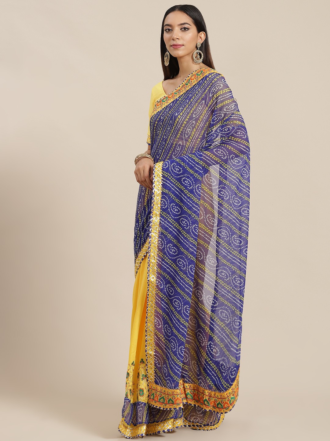 

RAJGRANTH Blue & Yellow Bandhani Ready to Wear Bandhani Saree