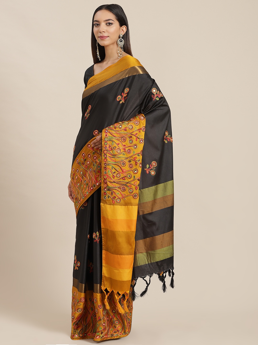 

RAJGRANTH Gold-Toned & Black Embellished Silk Cotton Saree