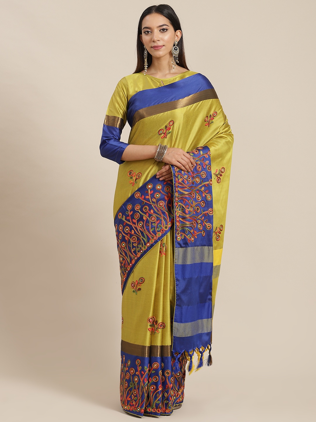 

RAJGRANTH Mustard & Blue Ethnic Motifs Silk Cotton Ready to Wear Saree