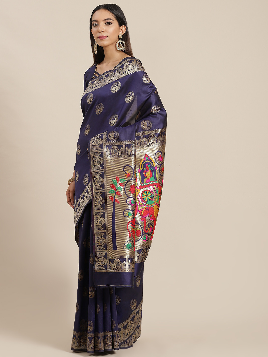 

RAJGRANTH Navy Blue Ethnic Motifs Silk Cotton Banarasi Saree