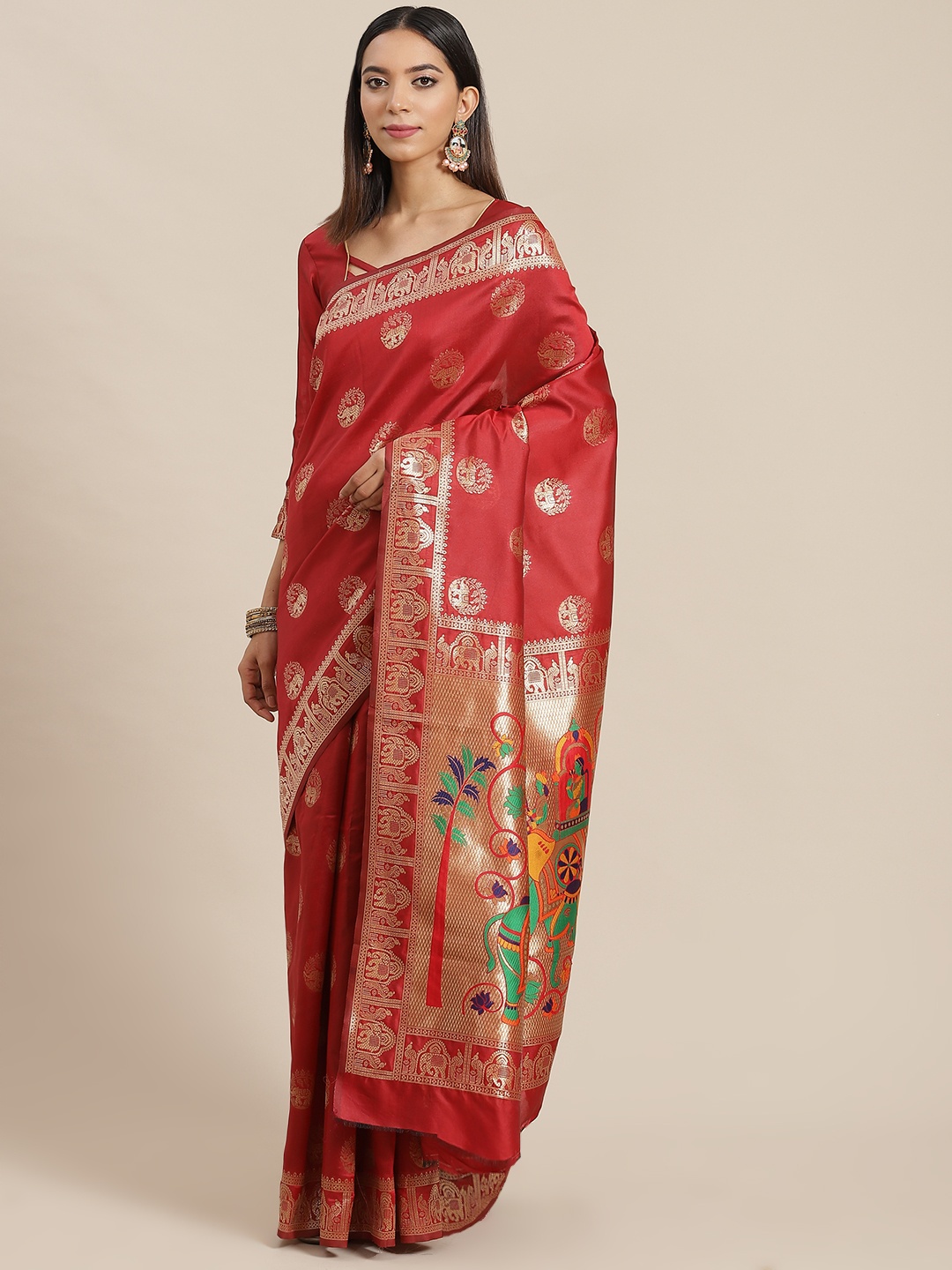 

RAJGRANTH Red Ethnic Motifs Silk Cotton Ready to Wear Banarasi Saree