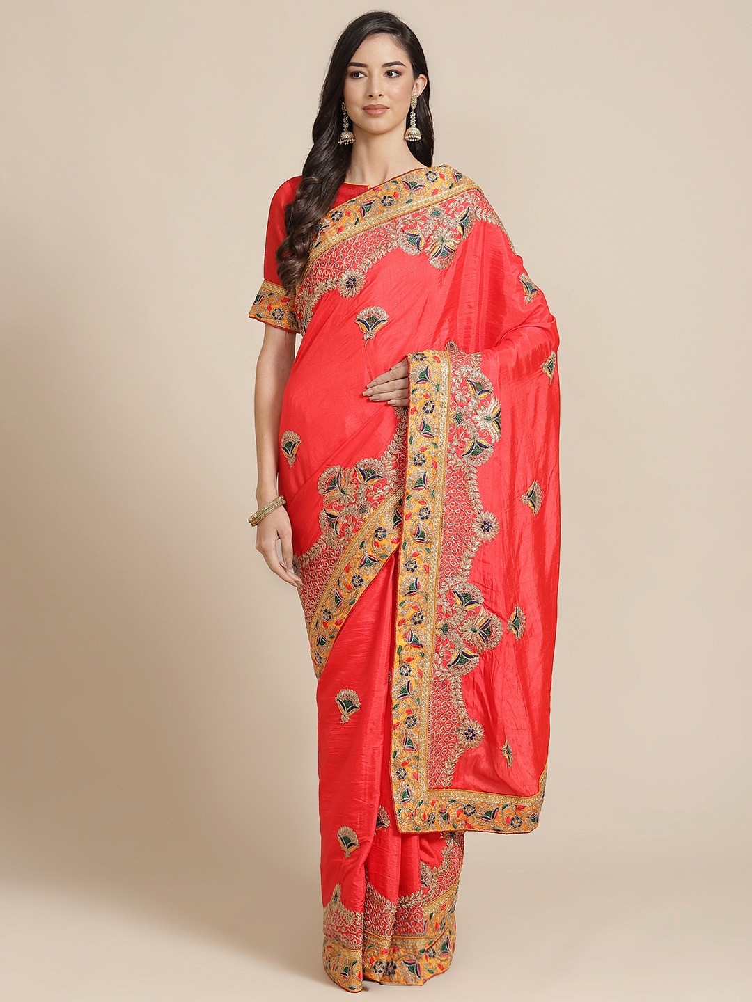 

RAJGRANTH Red Ethnic Motifs Embroidered Saree