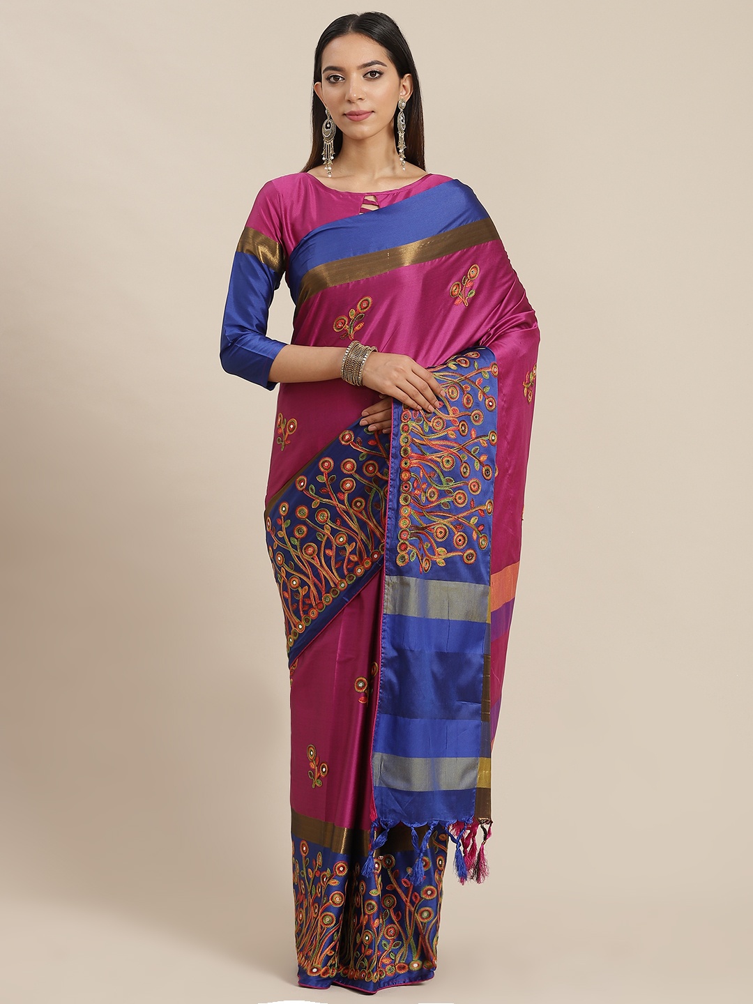 

RAJGRANTH Magenta & Navy Blue Ethnic Motifs Silk Cotton Ready to Wear Saree