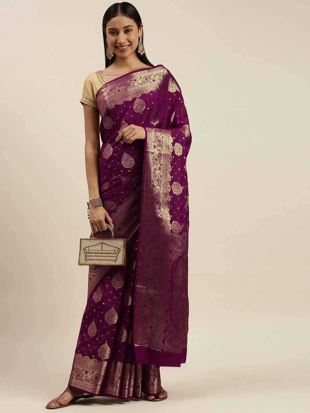 

Mitera Purple Ethnic Motifs Zari Silk Blend Mangalagiri Saree