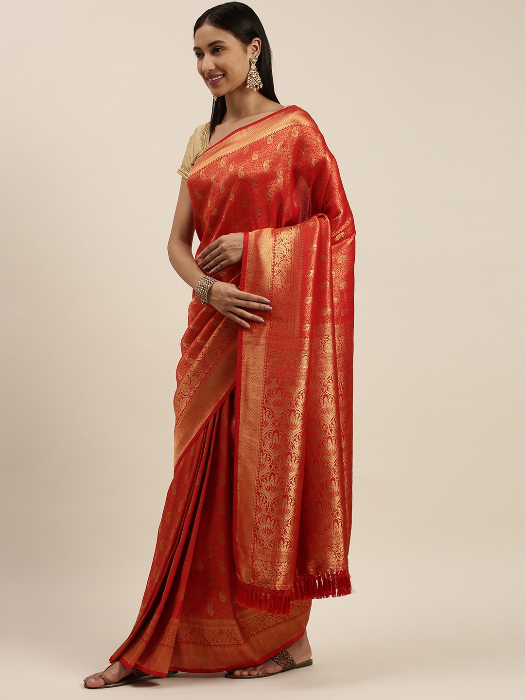 

Mitera Red Paisley Zari Silk Blend Mangalagiri Saree