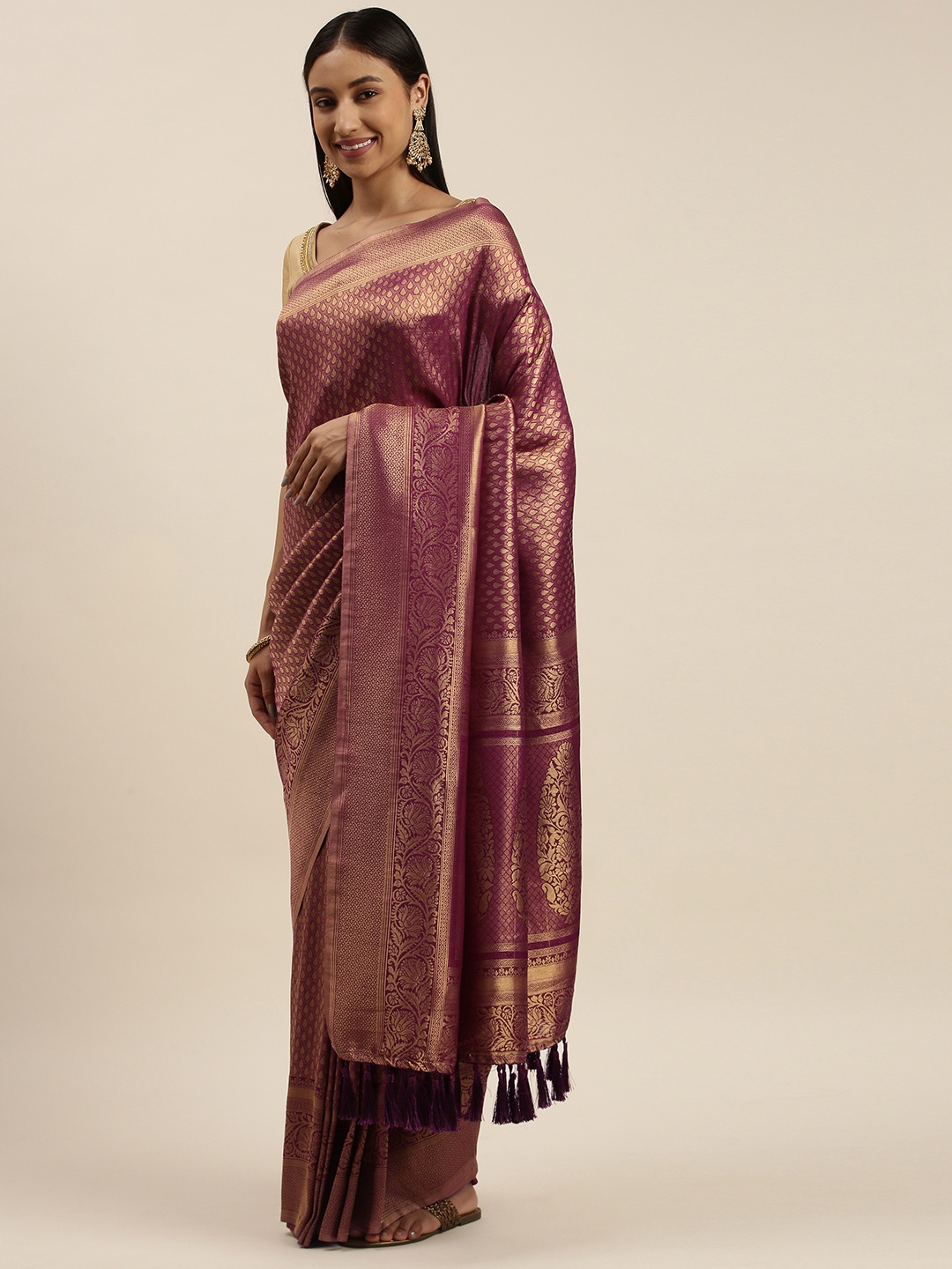 

Mitera Purple Ethnic Motifs Zari Silk Blend Mangalagiri Saree