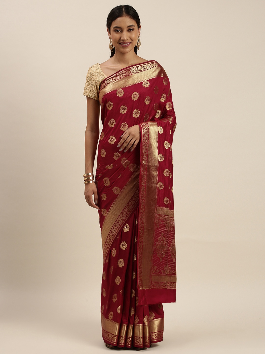

Mitera Maroon Ethnic Motifs Zari Silk Blend Mangalagiri Saree
