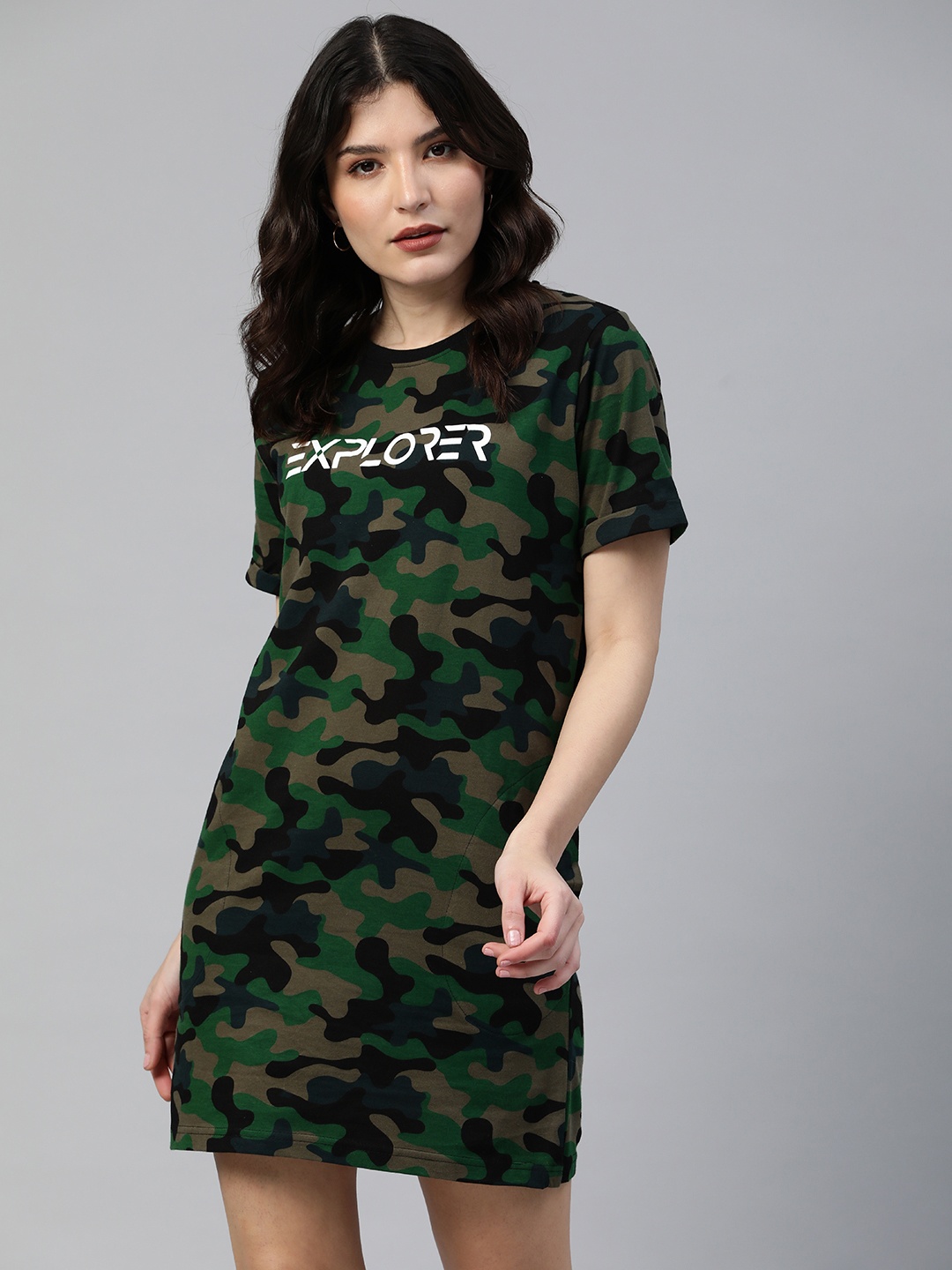 

JUNEBERRY Olive Green & Brown Camouflage Printed T-shirt Dress