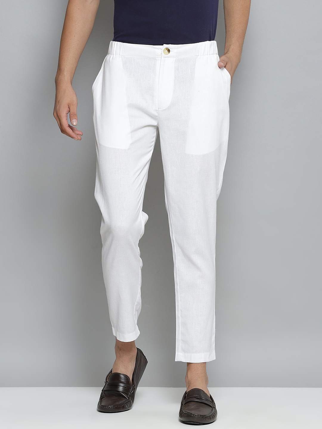 

DENNISON Men White Relaxed Tapered Fit Easy Wash Trousers