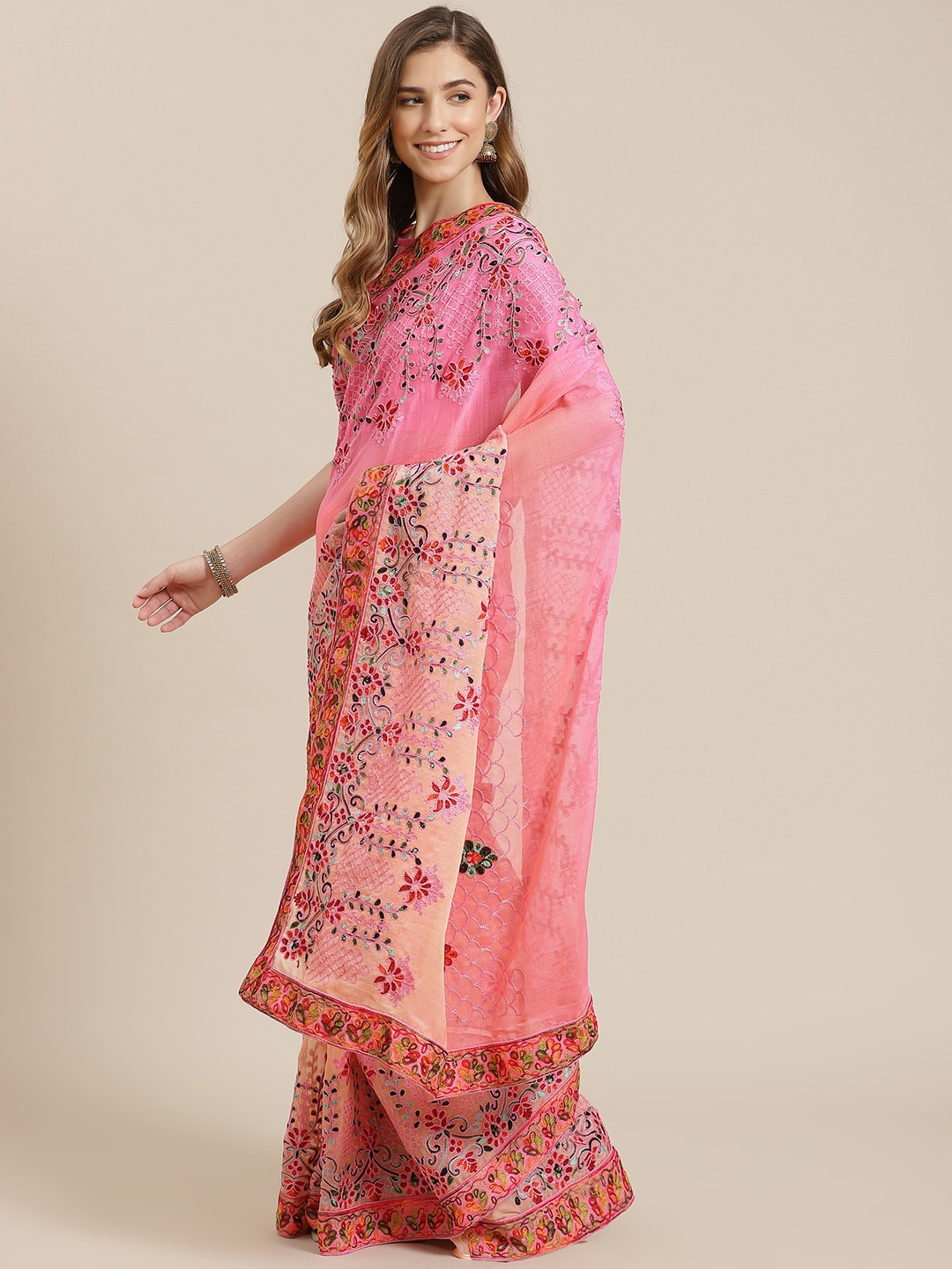 

Mitera Pink Floral Embroidered Chiffon Saree