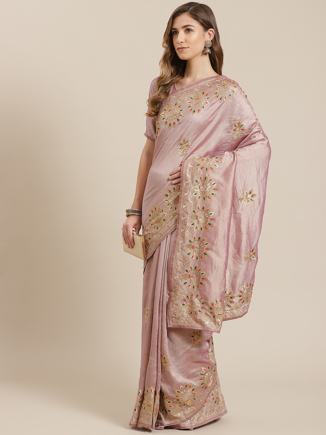 

Mitera Pink Vichitra Silk Embroidered Block Print Saree