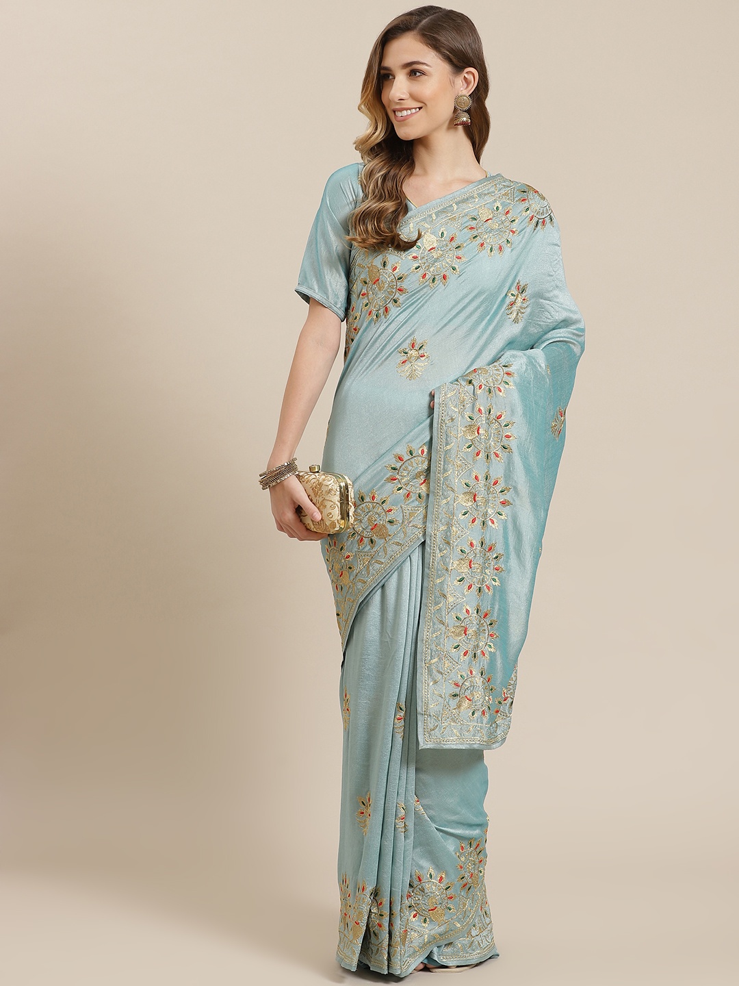

Mitera Blue Ethnic Motifs Embroidered Saree