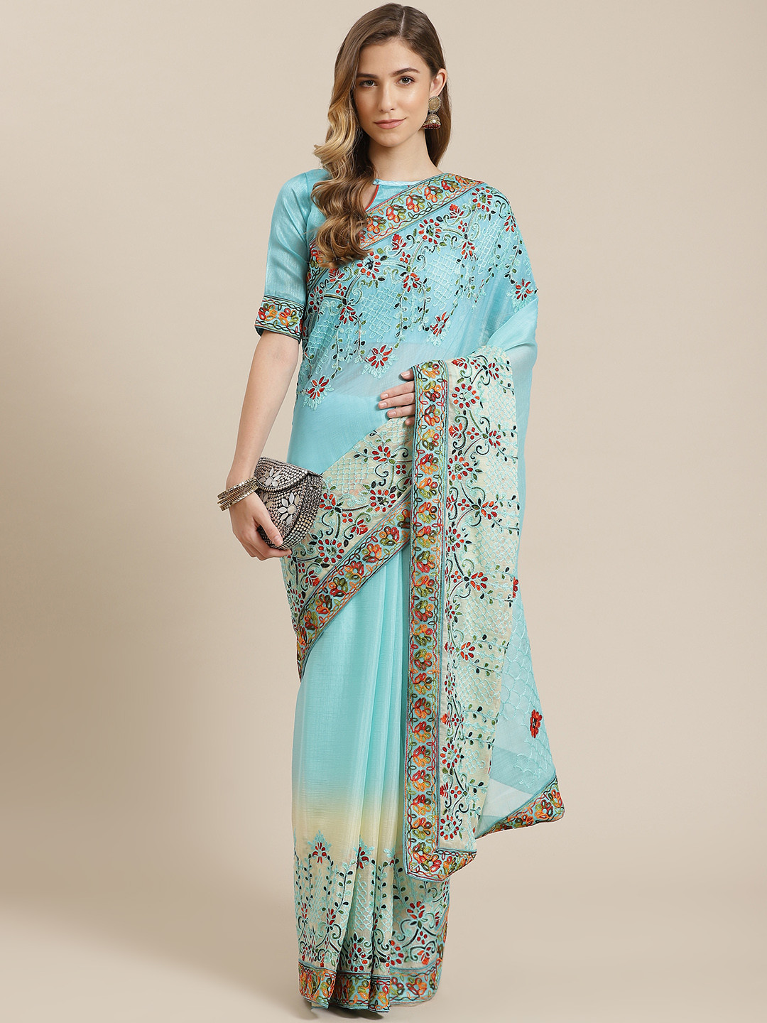 

Mitera Blue Thread Embroidered Saree