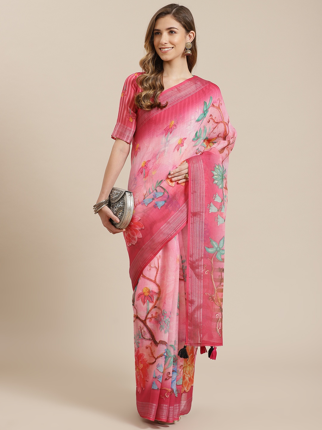 

Mitera Pink Floral Print Linen Blend Saree