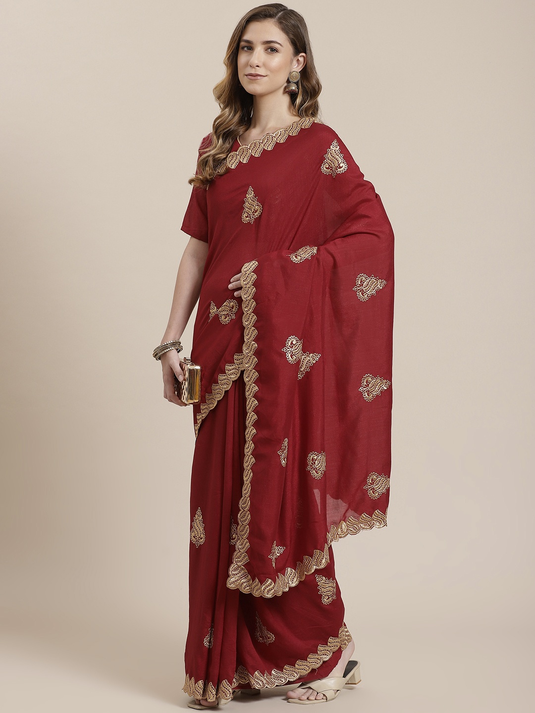 

Mitera Maroon Vichitra Silk Embroidered Saree