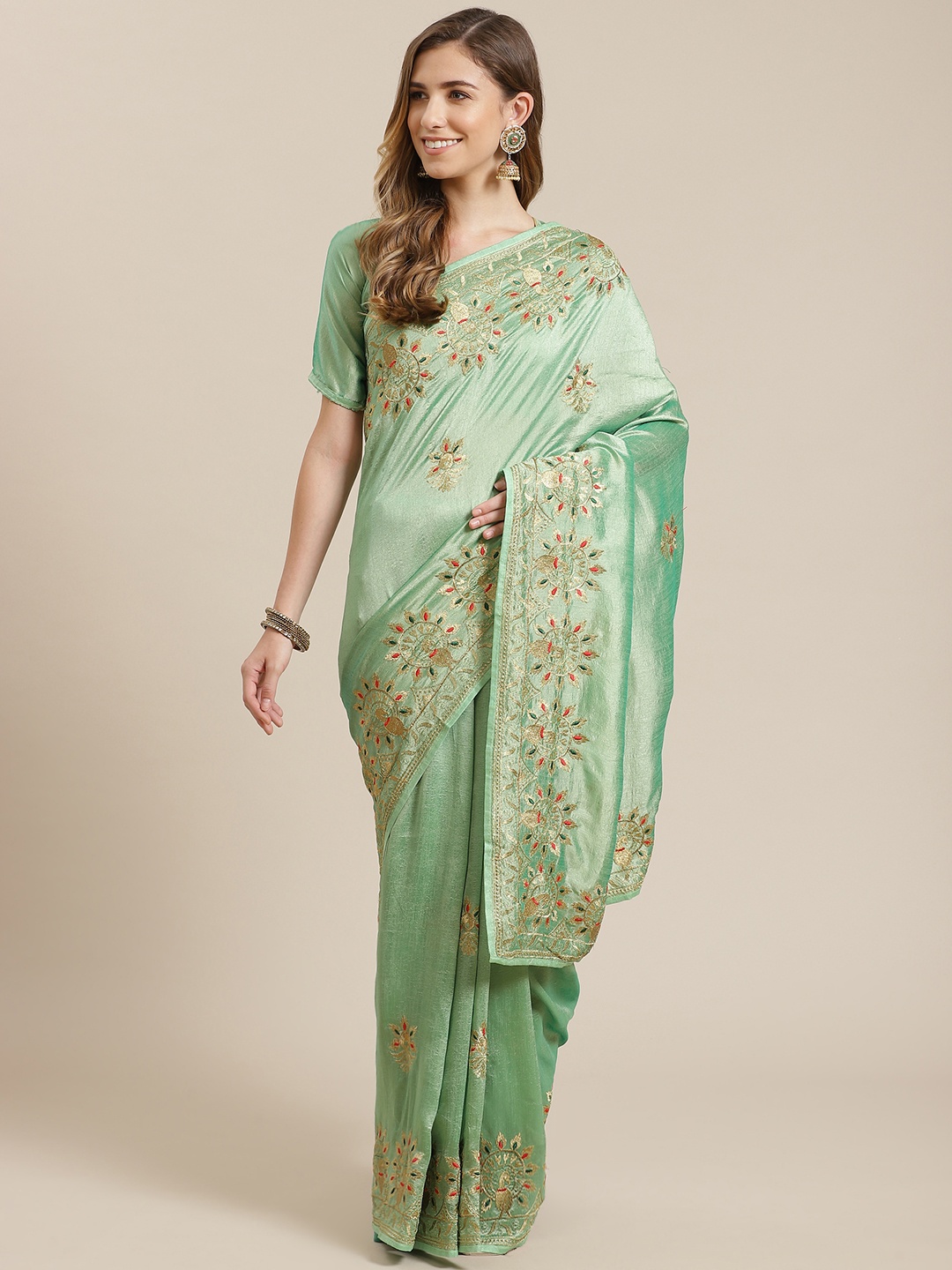 

Mitera Green Vichitra Silk Embroidered Block Print Saree