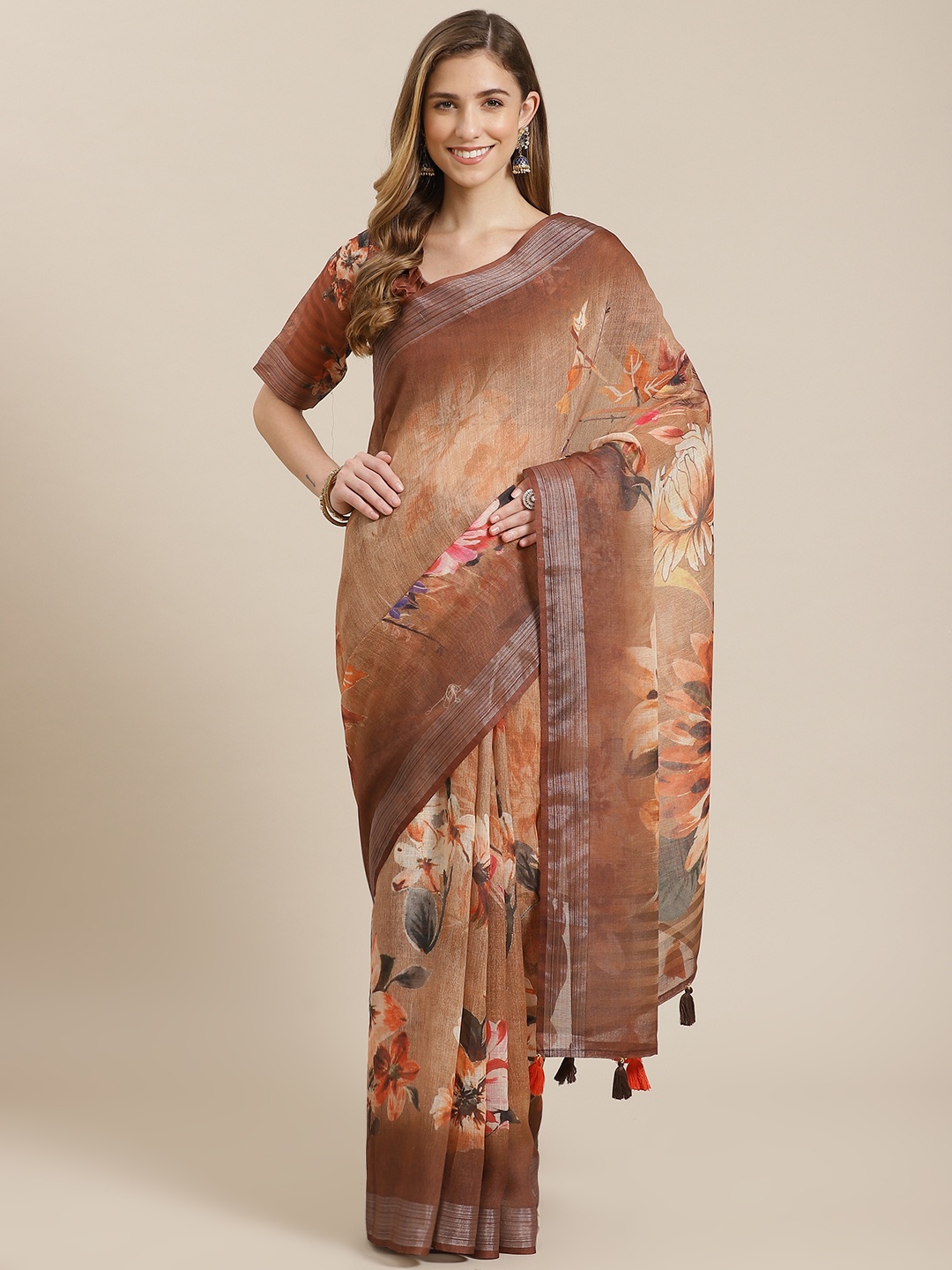 

Mitera Brown Floral Print Linen Blend Saree