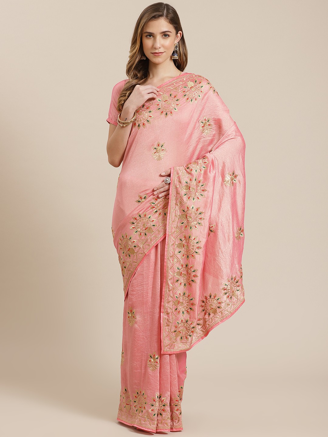 

Mitera Pink Ethnic Motifs Embroidered Block Print Saree