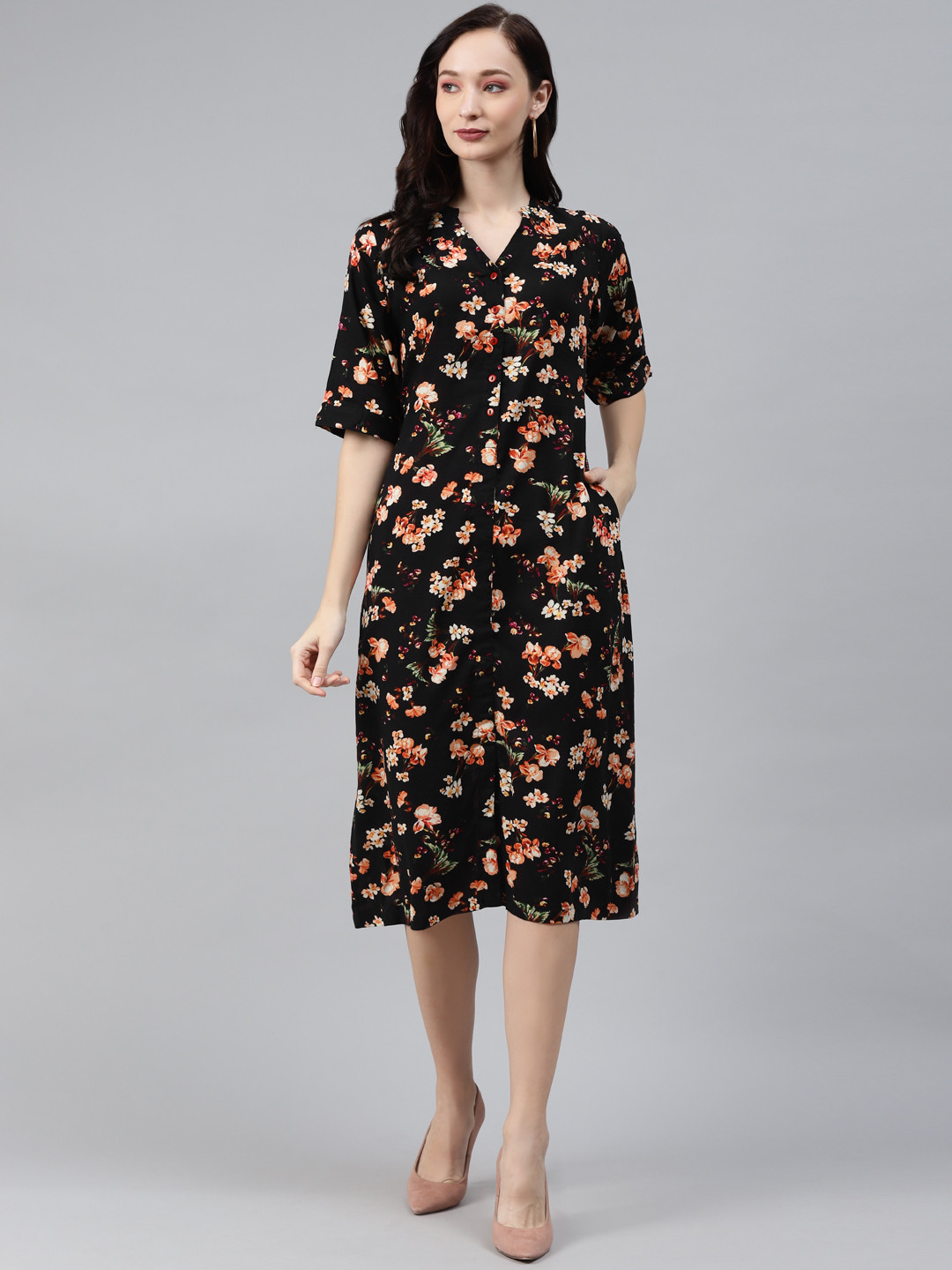

Ayaany Black Floral A-Line Midi Dress
