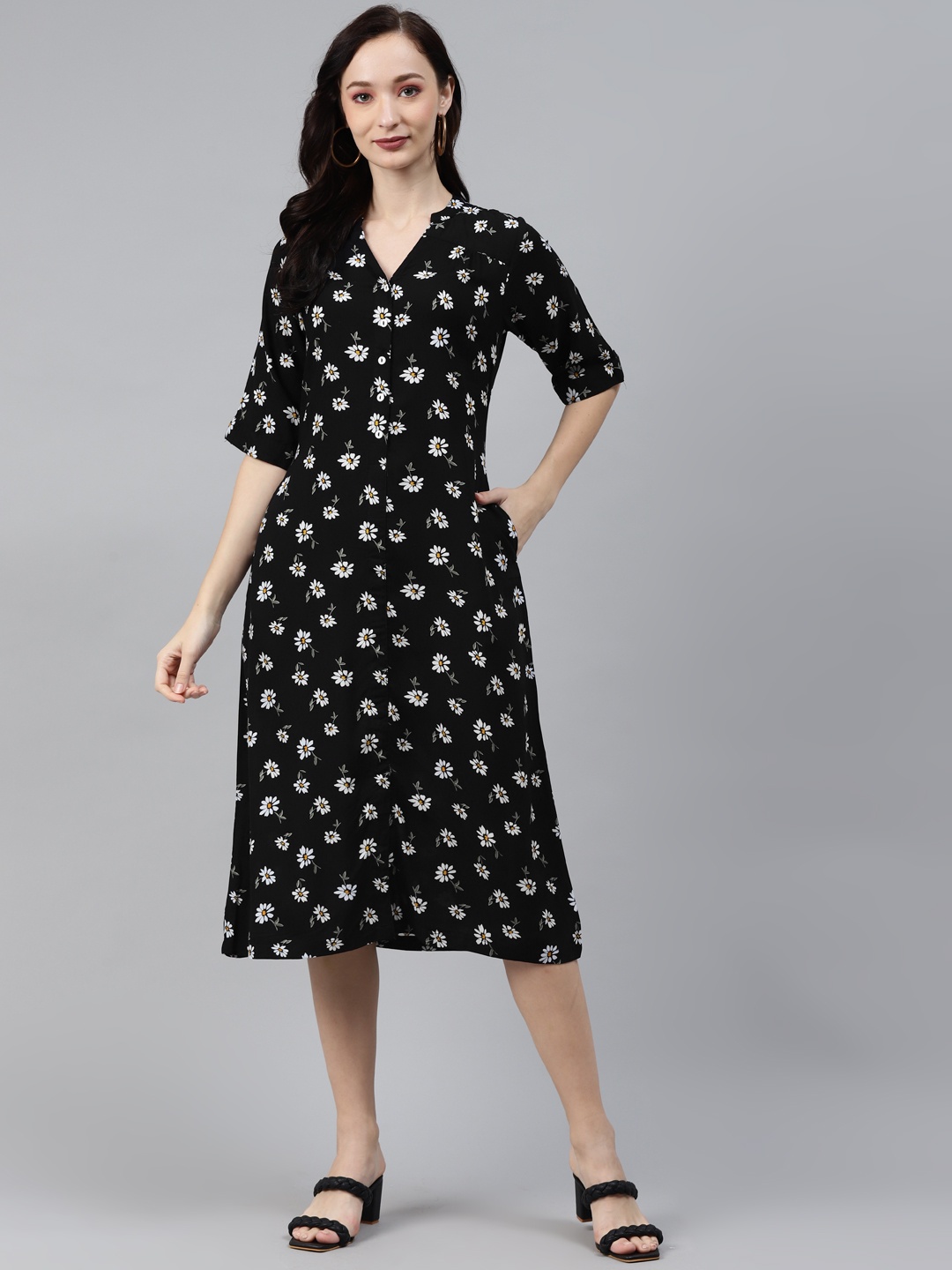 

Ayaany Black Floral A-Line Midi Dress