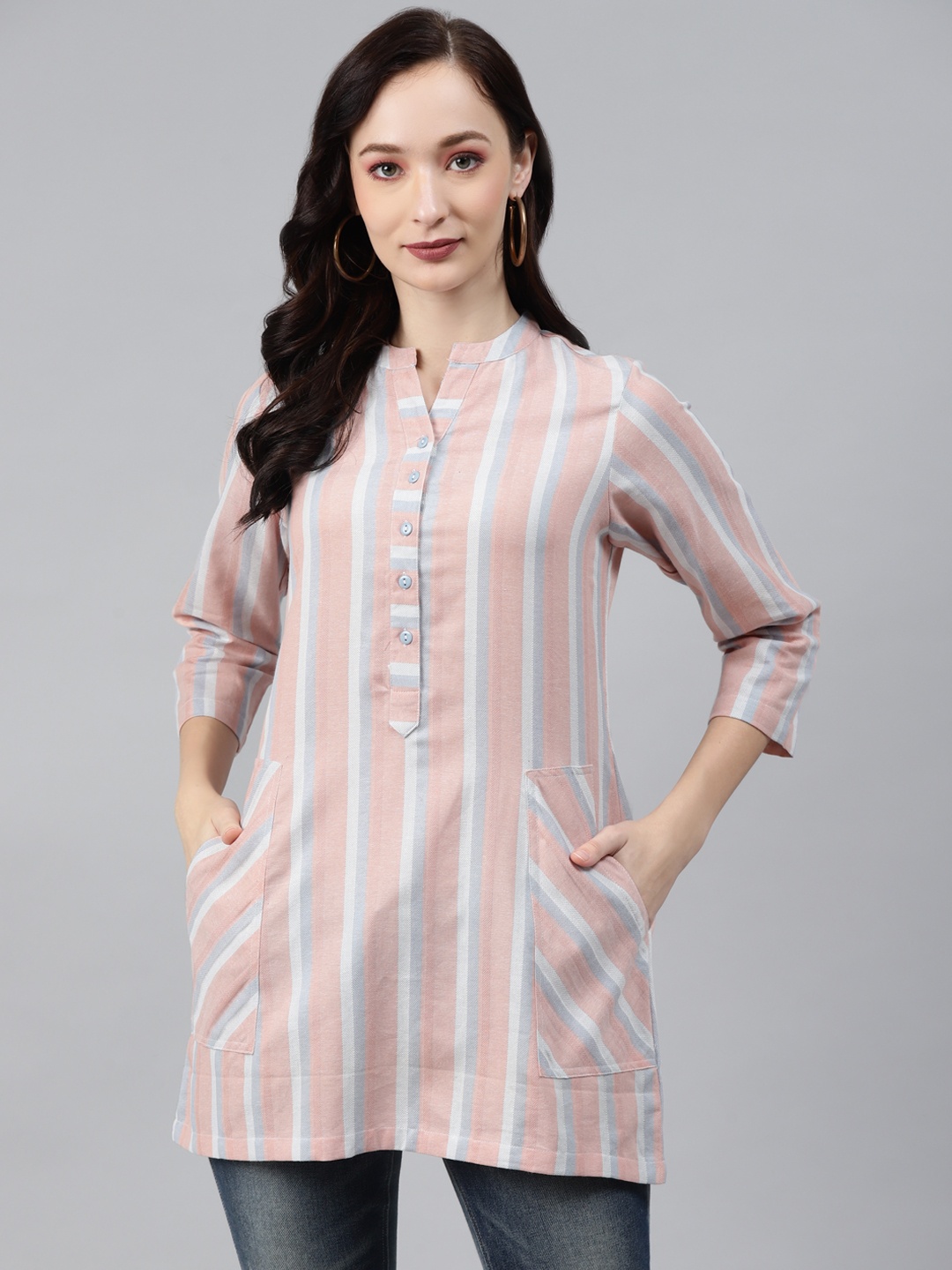 

Ayaany Peach-Coloured & Grey Mandarin Collar Striped Tunic