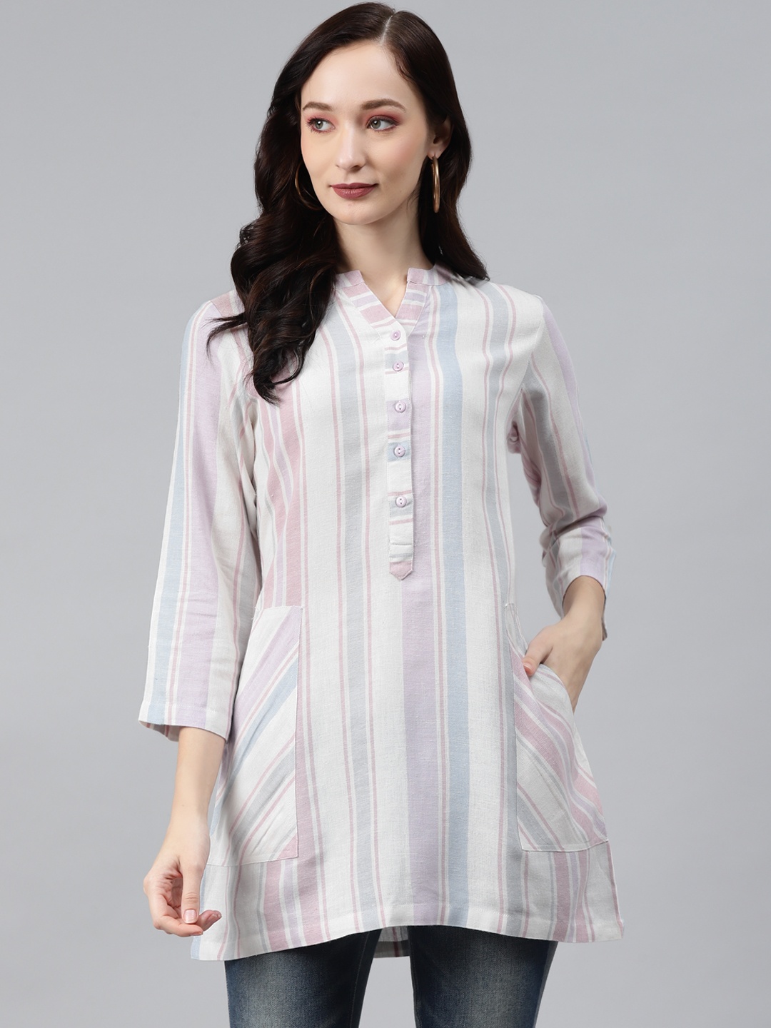

Ayaany Cream-Coloured & Pink Mandarin Collar Striped Tunic