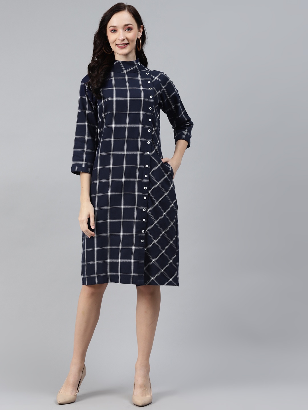 

Ayaany Navy Blue Checked A-Line Midi Dress