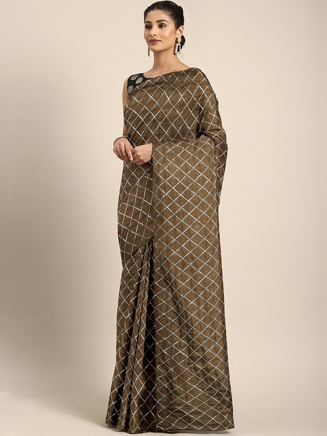 

KALINI Brown Checked Sequinned Dora Silk Saree