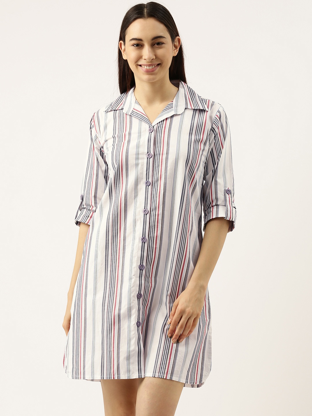 

Clt.s White White Striped Pure Cotton Sleep Shirt C1118