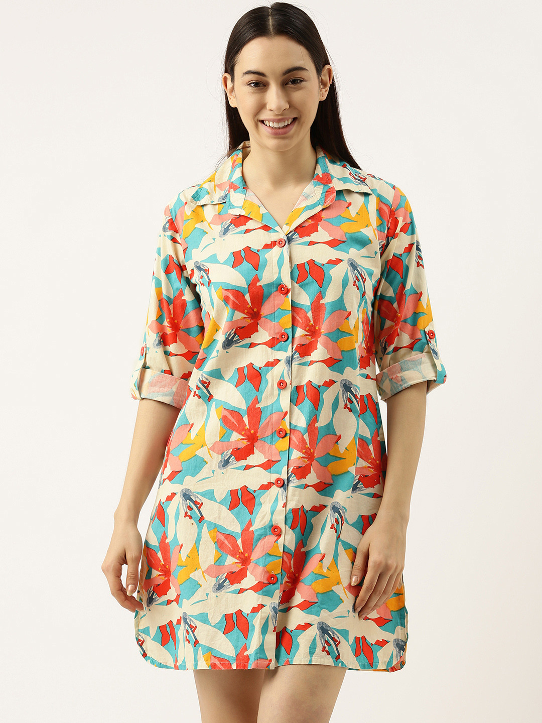 

Clt.s Women Blue & Red Floral Printed Cotton Sleep Shirt
