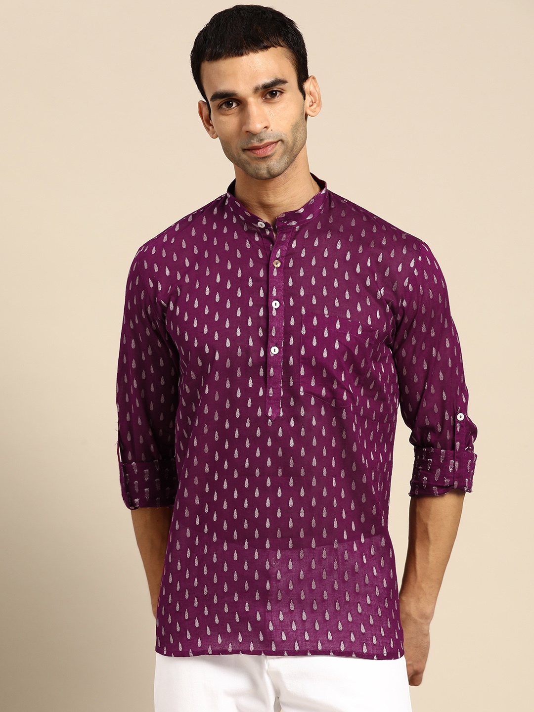 

RAJUBHAI HARGOVINDAS Men Purple Ethnic Motifs Dobby Kurta