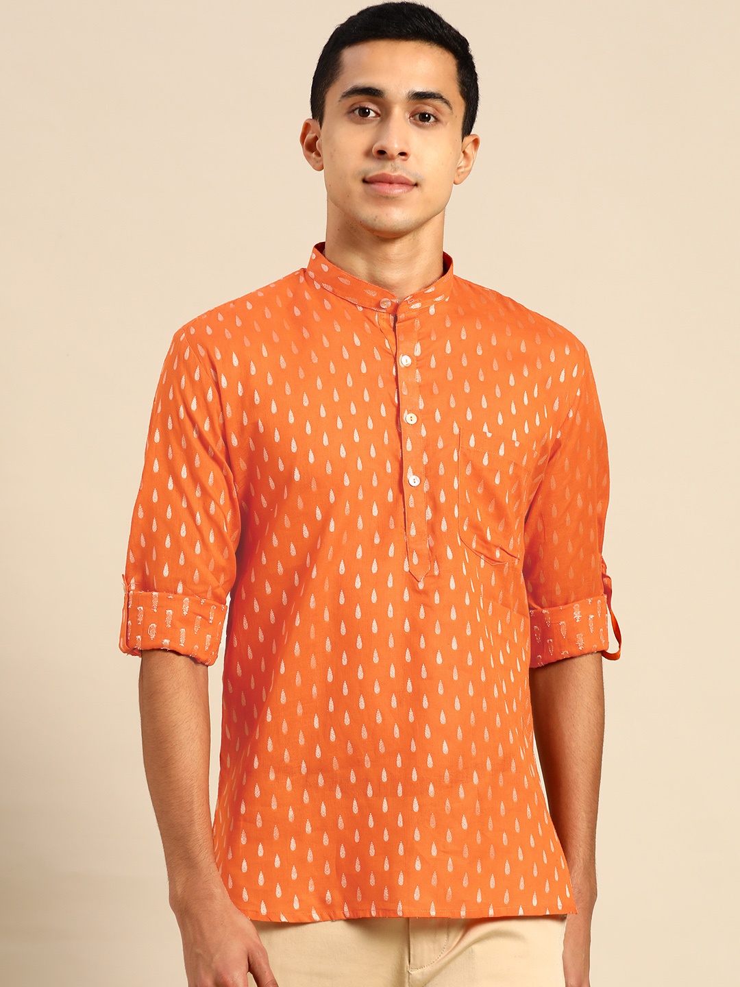 

RAJUBHAI HARGOVINDAS Men Rust Ethnic Motifs Dobby Kurta