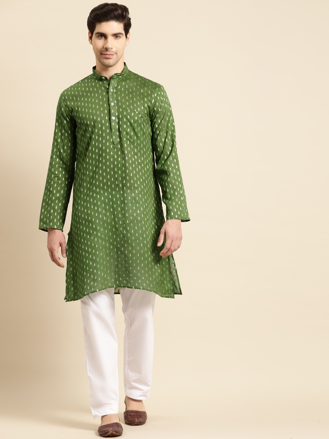 

RAJUBHAI HARGOVINDAS Men Olive Green Dobby Kurta