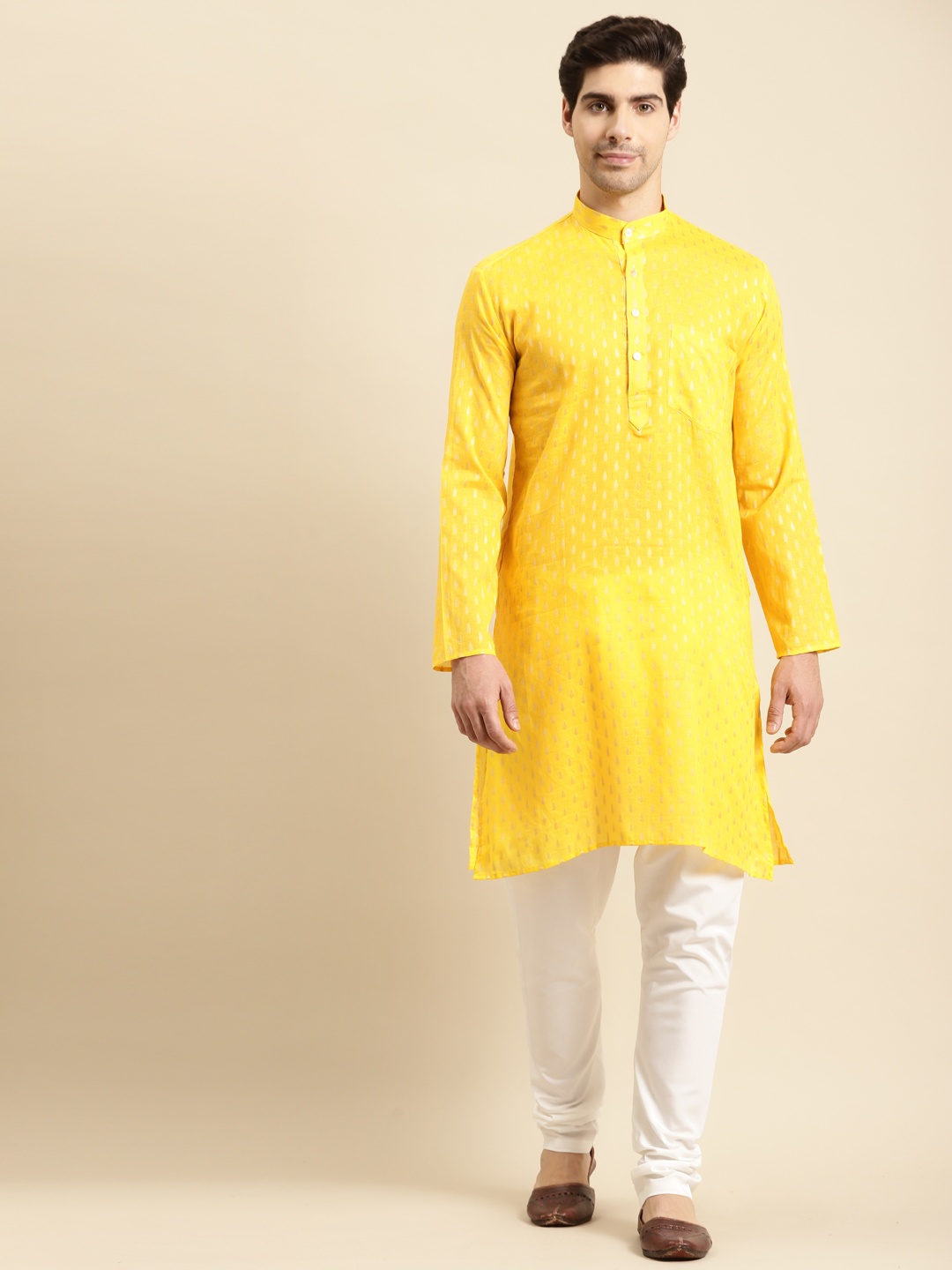 

RAJUBHAI HARGOVINDAS Men Yellow Dobby Kurta