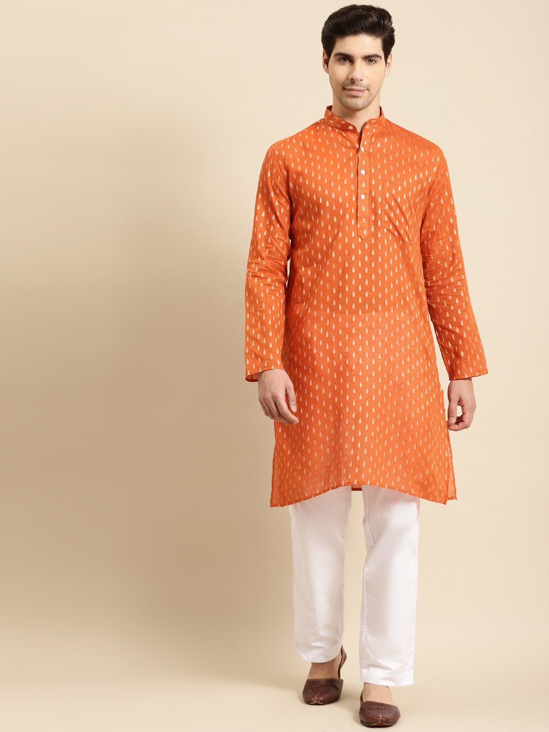 

RAJUBHAI HARGOVINDAS Men Orange Dobby Kurta