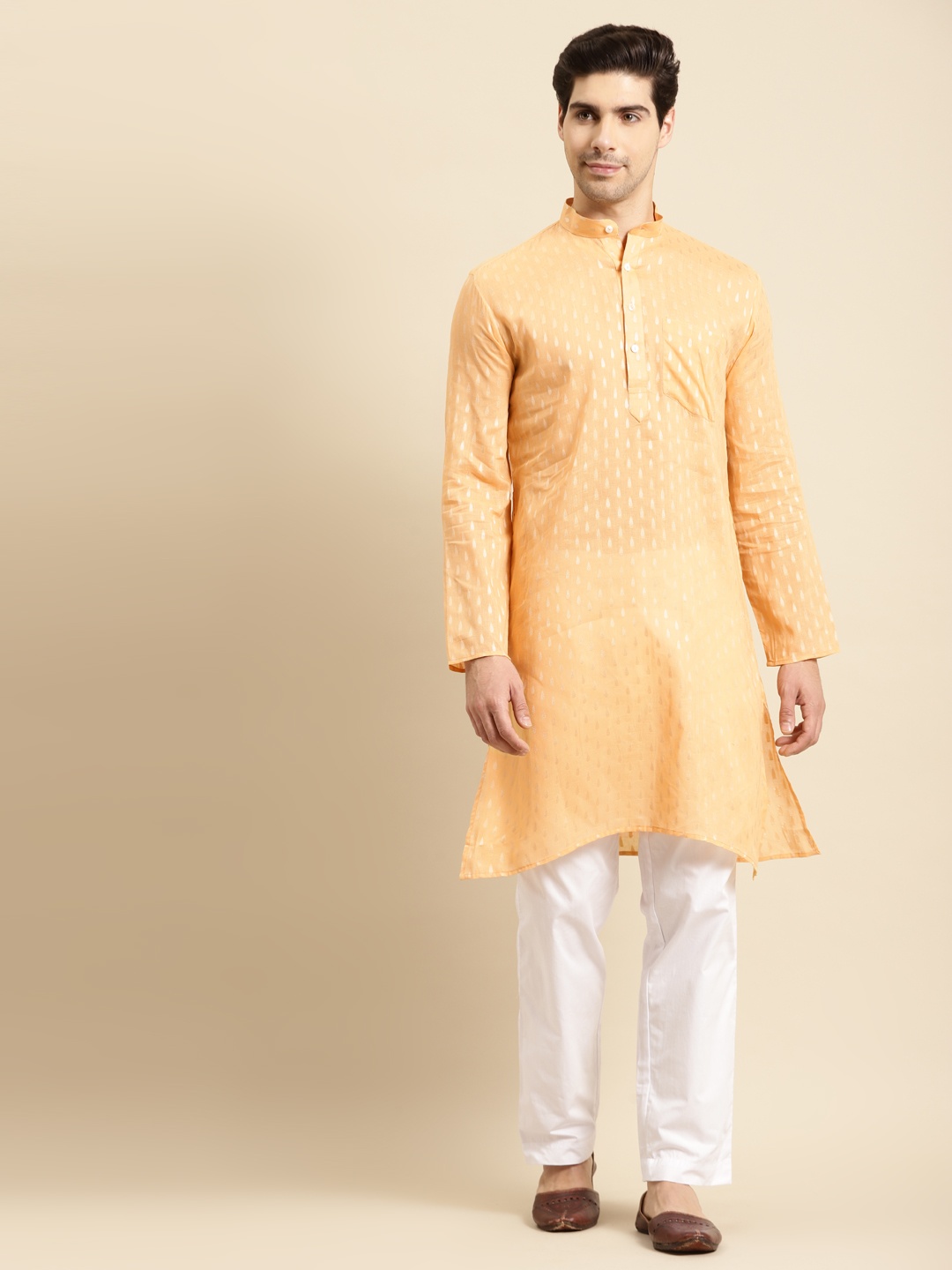 

RAJUBHAI HARGOVINDAS Men Peach-Coloured Dobby Kurta